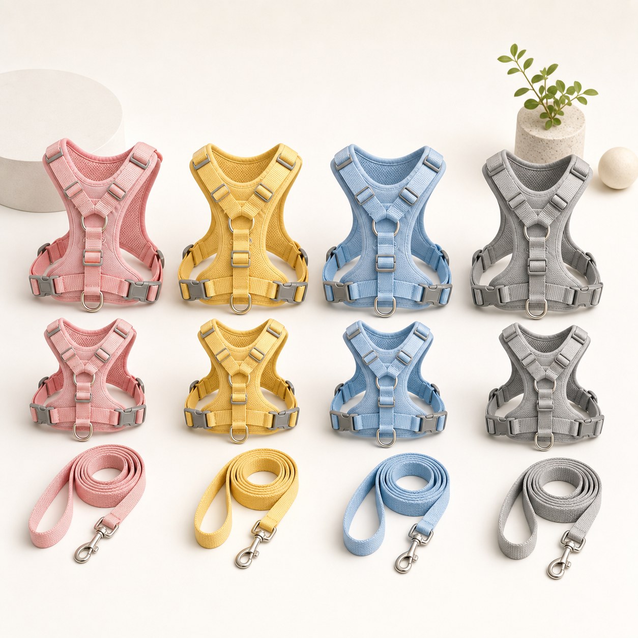 Adjustable pet harness and leash sets in pink, yellow, blue, and gray