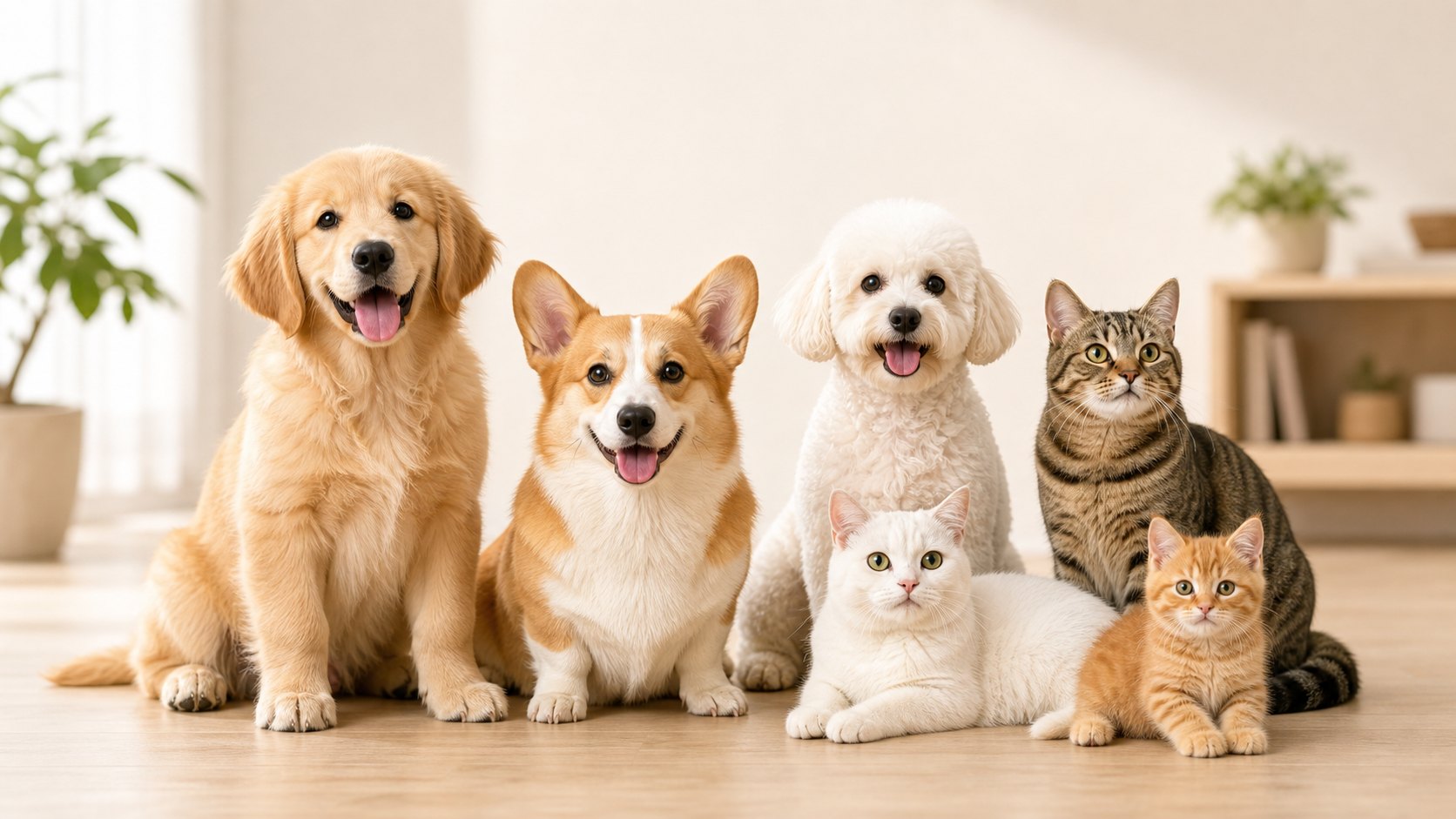 Cute dogs and cats of different breeds in a warm home-like setting