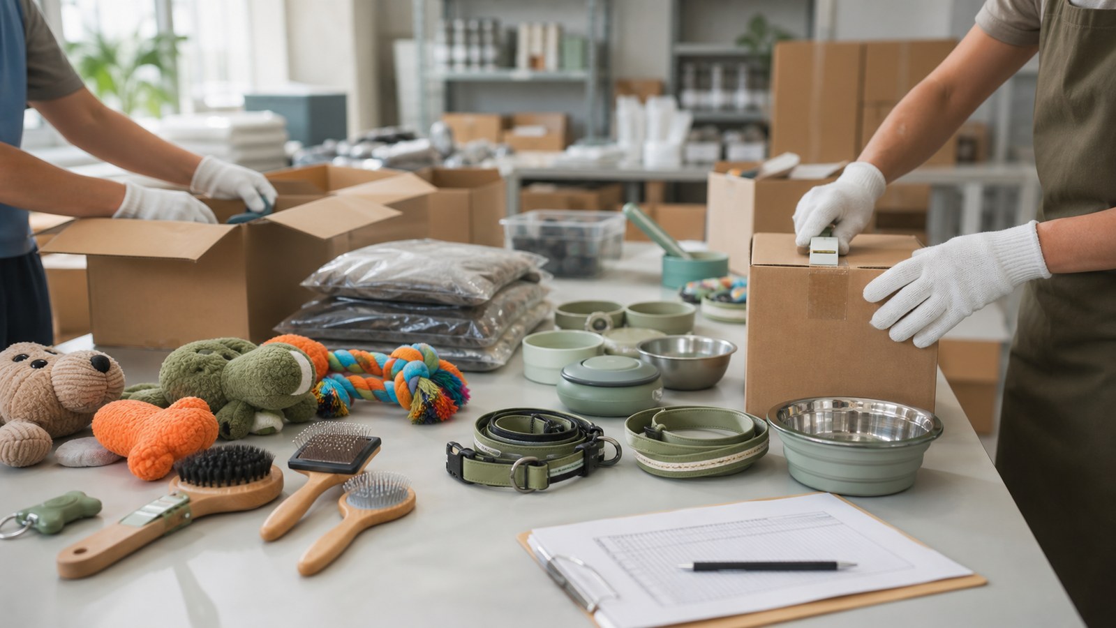 Pet supply factory packing and quality check workspace