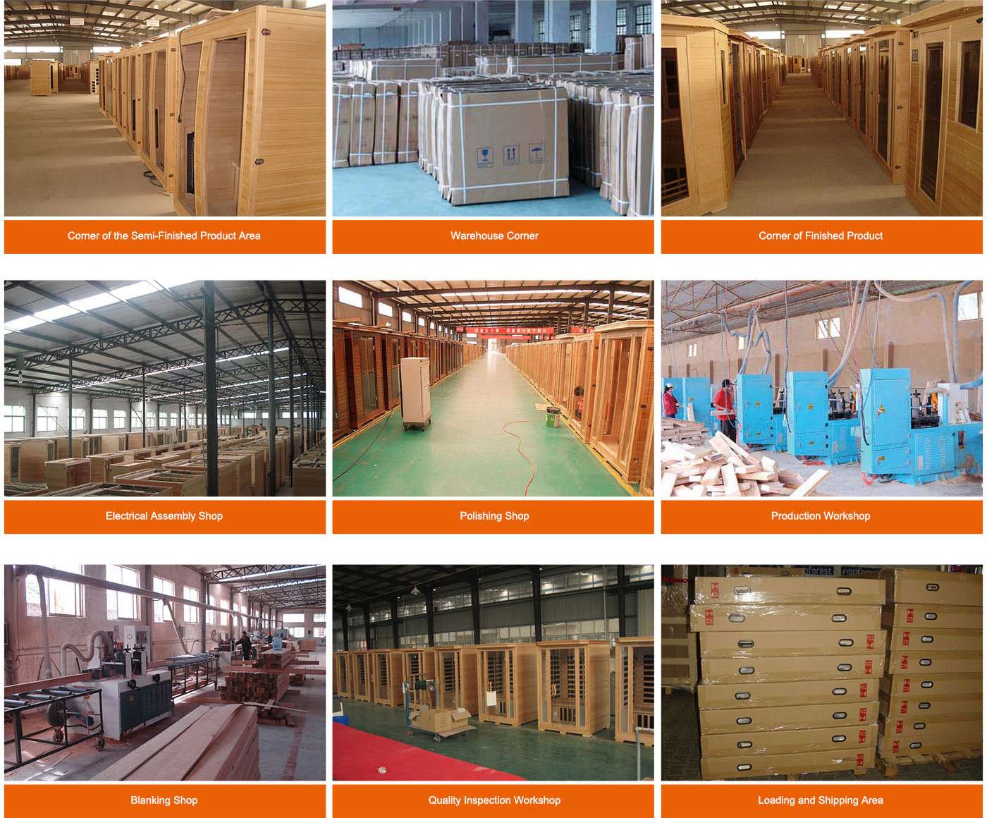 Sauna production workshop, electrical assembly, finished product, quality inspection and loading areas